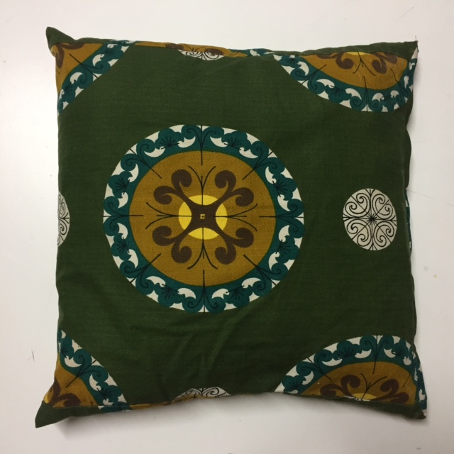 CUSHION, Green 1950s Pattern w Mustard Circles 50cm